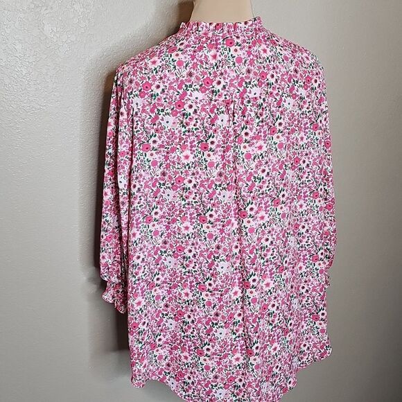 Cynthia Rowley 1X Pink and Green Floral Georgette Peasant Top Blouse - Picture 4 of 8